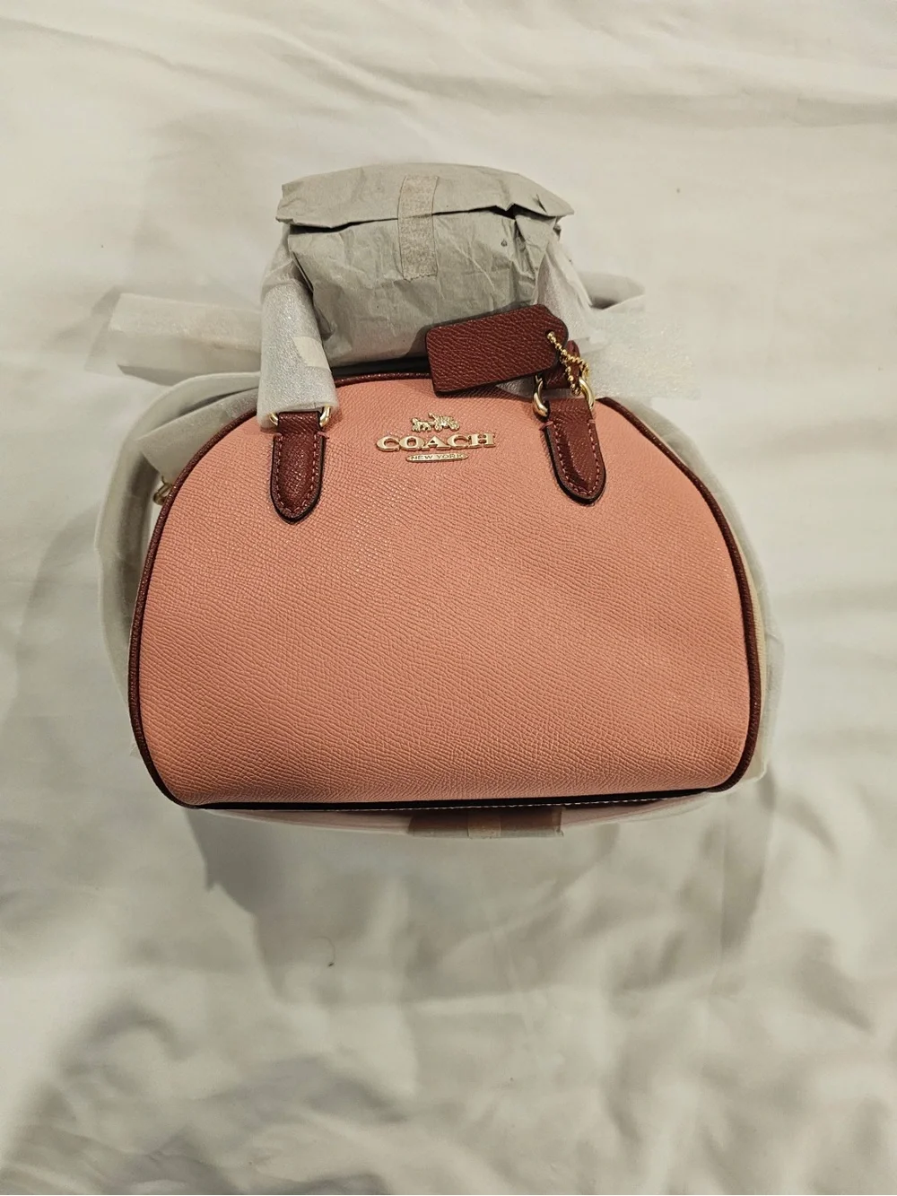 Coach Pebble Leather Mini Satchel in Blush Pink with Brown Trim