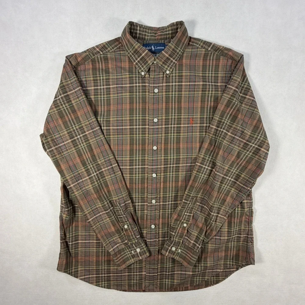 Ralph Lauren Mens XL 17 Button Down Shirt Hunting Plaid Brown Green Long Sleeve