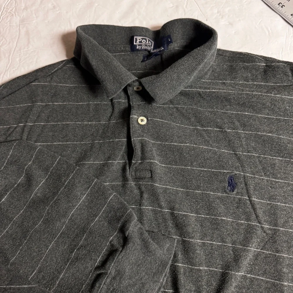 Polo Ralph Lauren Mens Large‎ Grey Striped Long Sleeve Polo Shirt Cotton Jersey