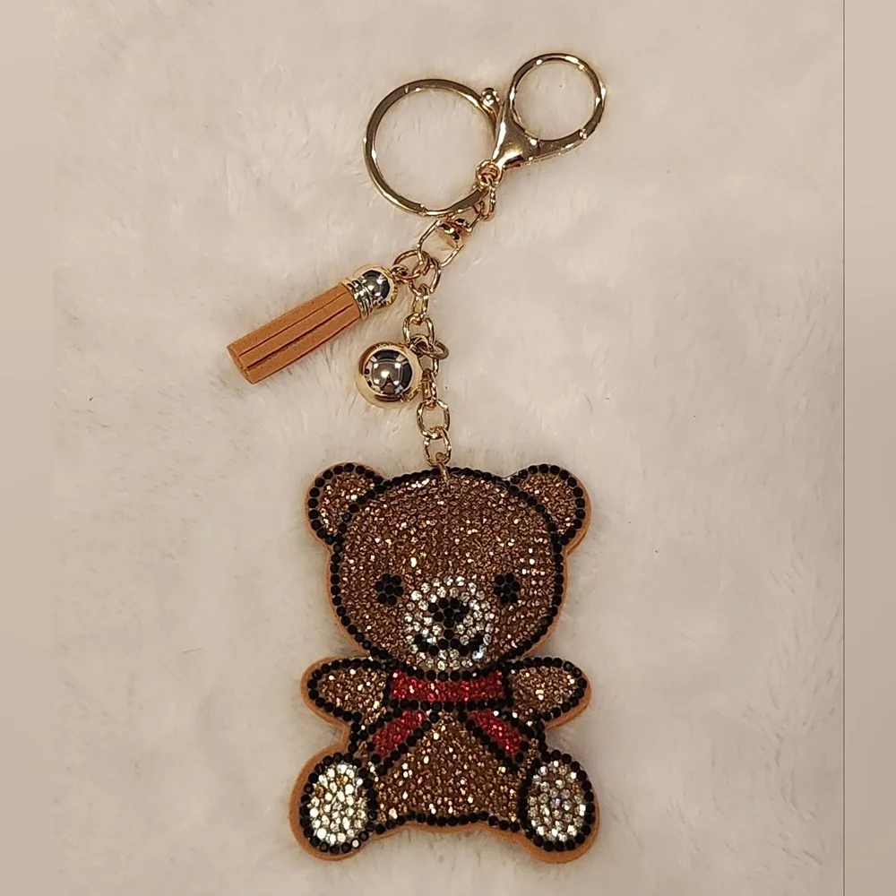 Brown Rhinestone Teddy Bear Keychain with Red Bow Bag Charm