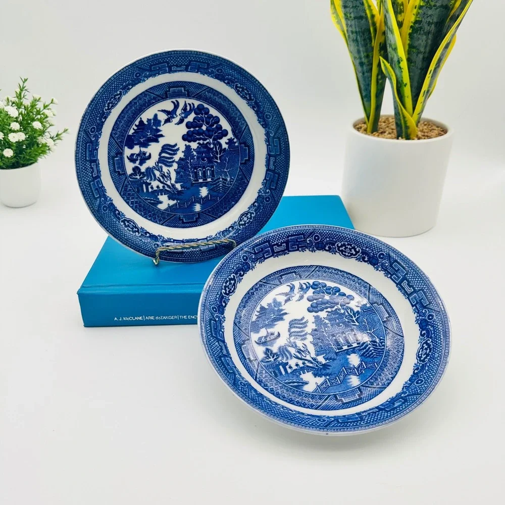 Vintage Bakewell Bros Blue Willow Shallow Bowls Stoke on Trent England Set of 2
