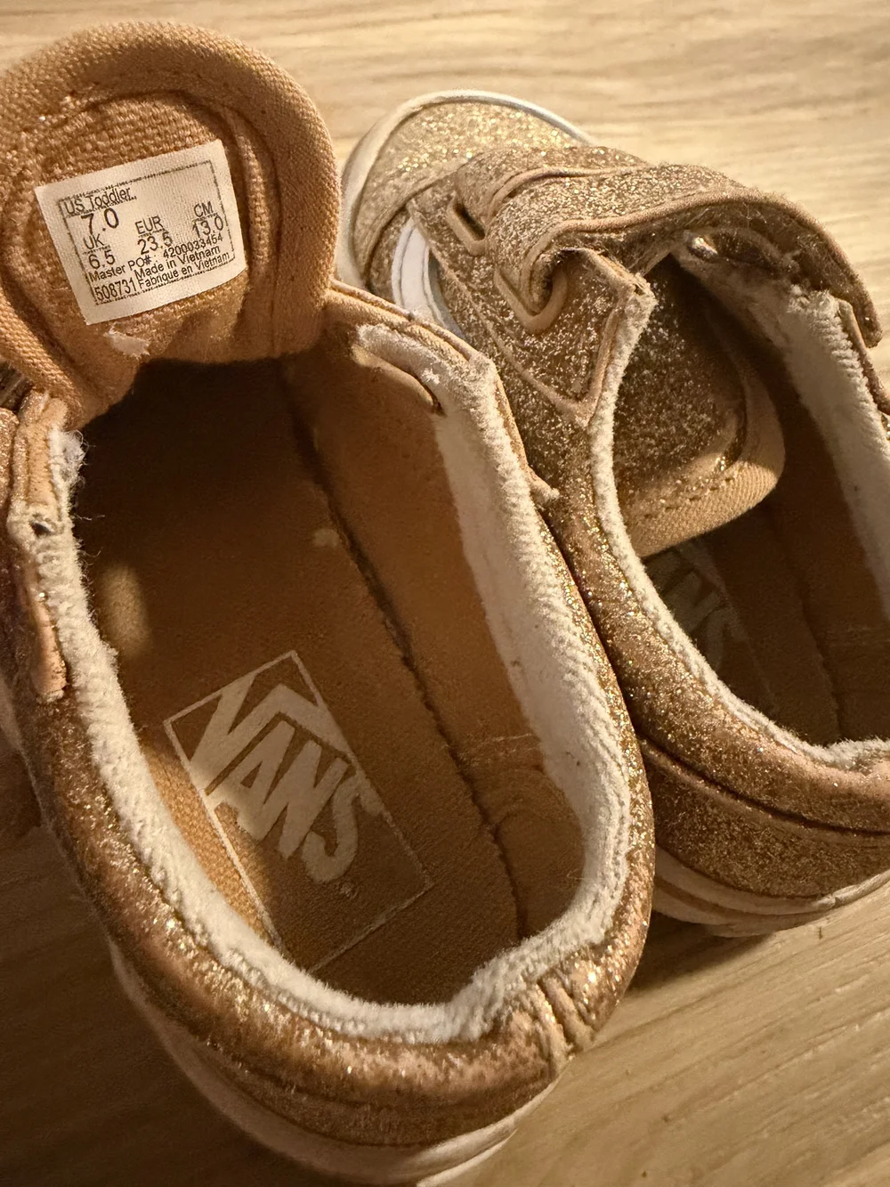 Kids Glitter Velcro Vans in Gold