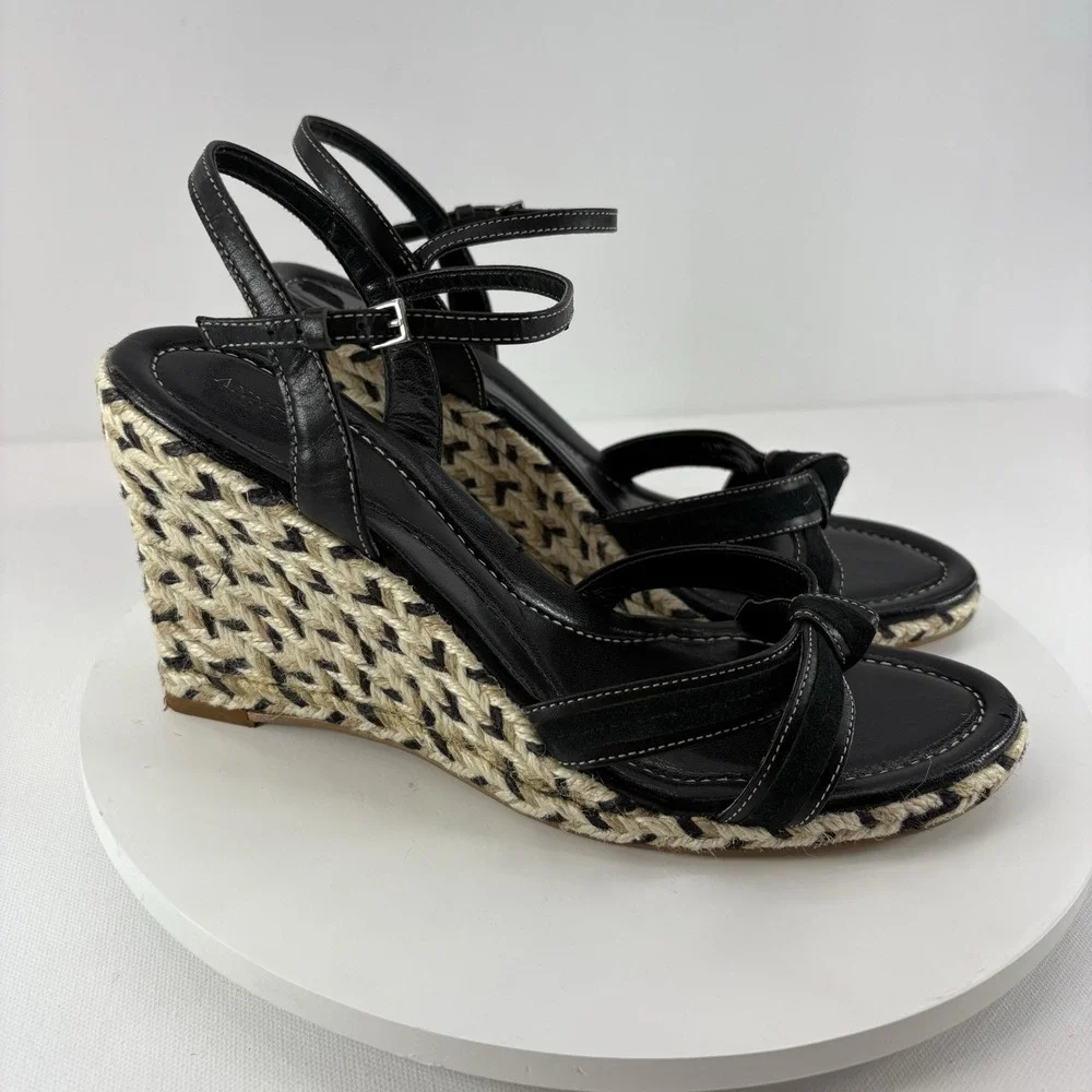 Ann Taylor Black Gold Espadrille Wedge Sandals Women's Size‎ 9