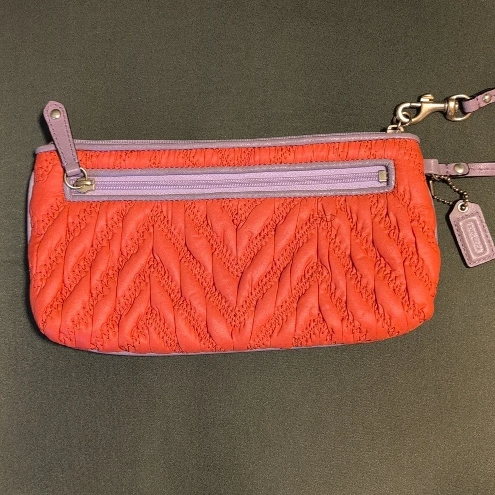 Coach Puffy Quilted Orange and Purple Chevron Wristlet with COA