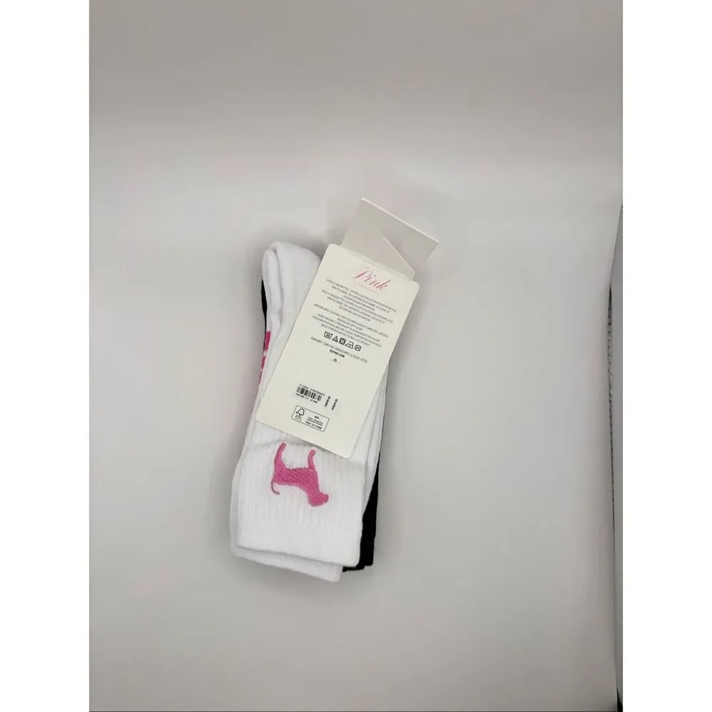 PINK Victoria’s Secret 2-Pack Crew Socks White Black One Size NWT
