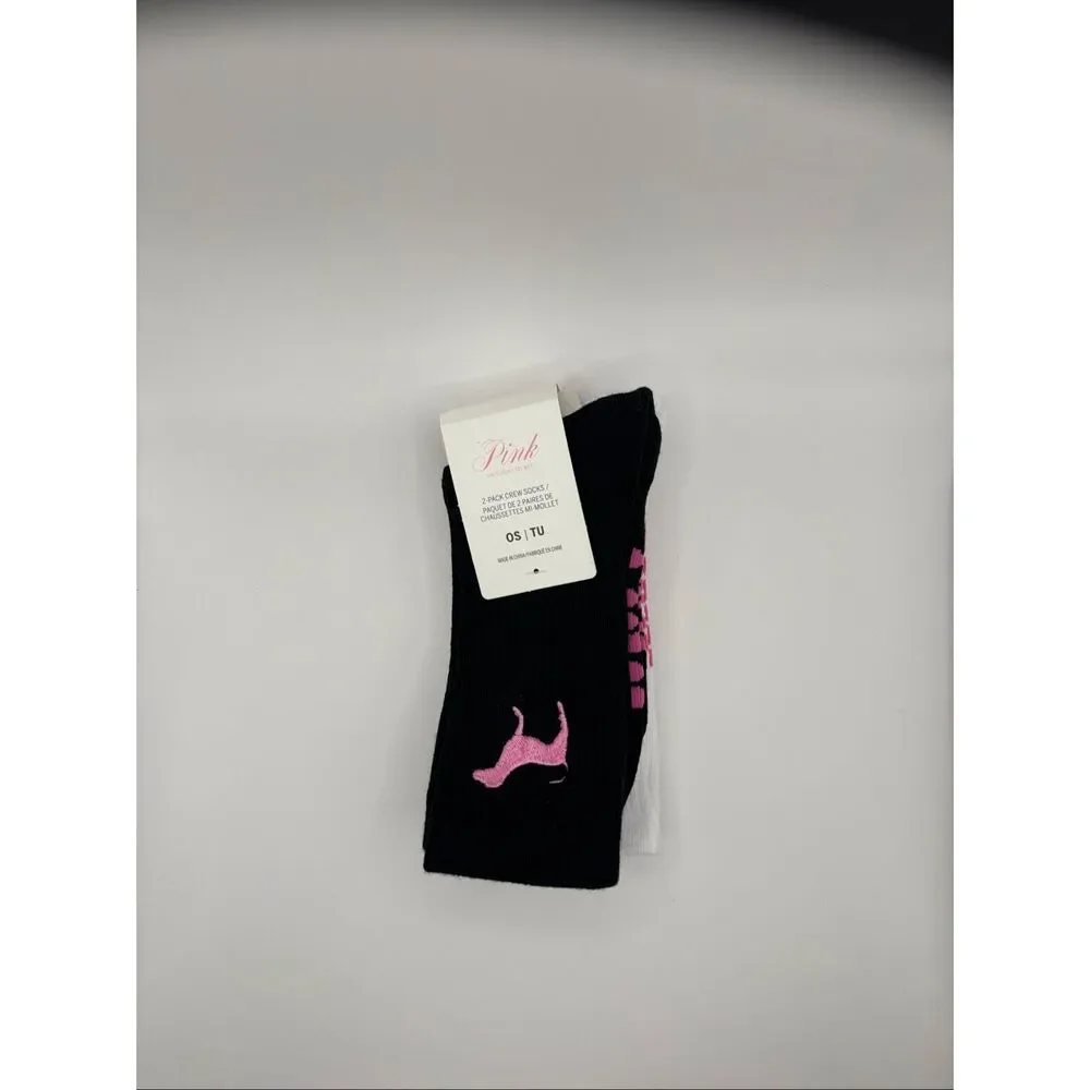 PINK Victoria’s Secret 2-Pack Crew Socks White Black One Size NWT