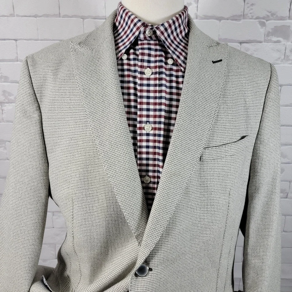 Maceoo Men's Blazer Bethoven Grid White‎ Two Button Checked Poly Blend Size 48L