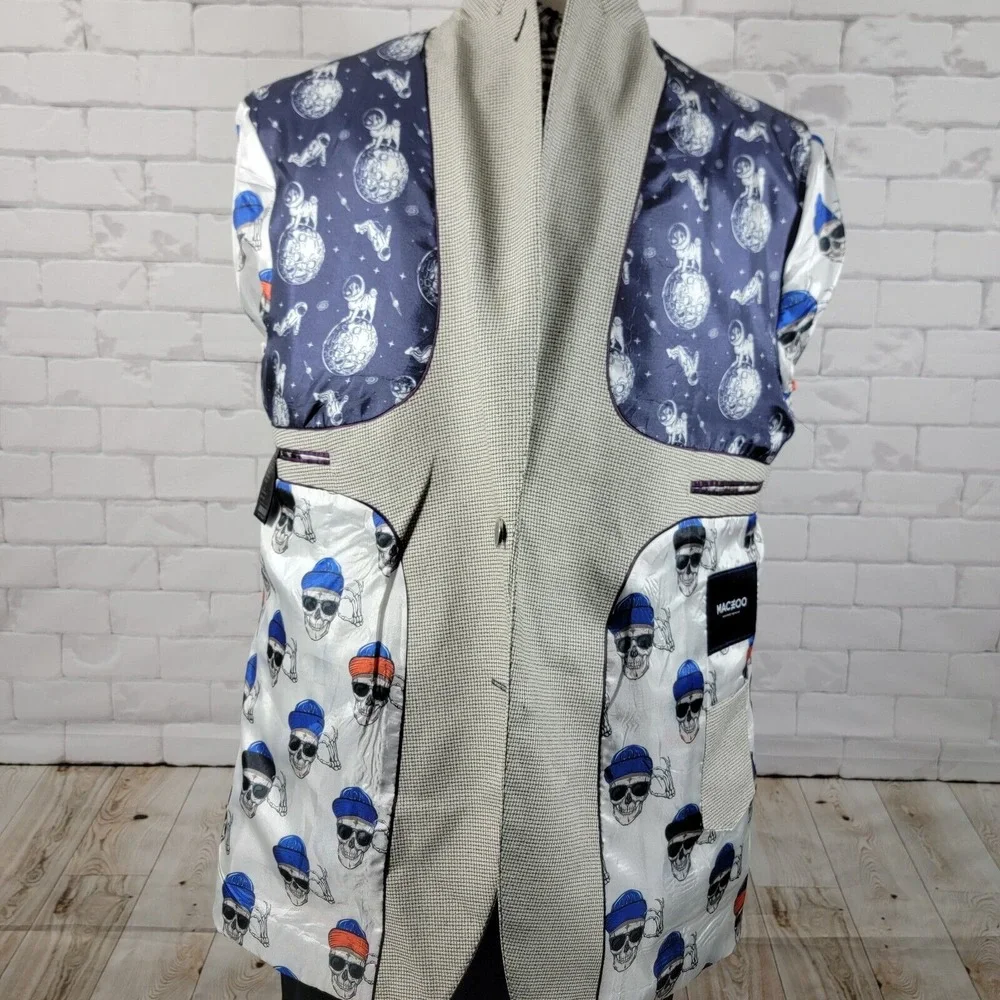Maceoo Men's Blazer Bethoven Grid White‎ Two Button Checked Poly Blend Size 48L