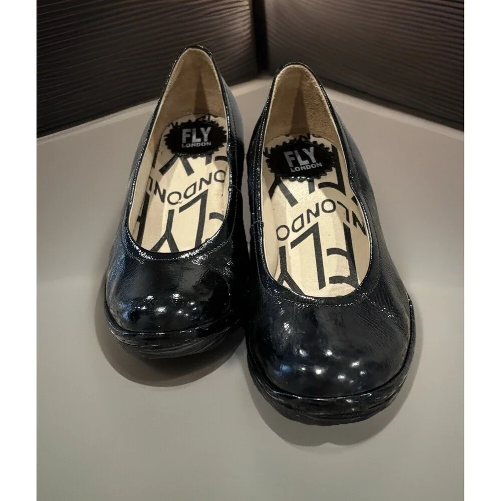 Fly London Yoni Shoes Women’s EU 36 Black Patent Leather Wedge Heel‎ Slip On