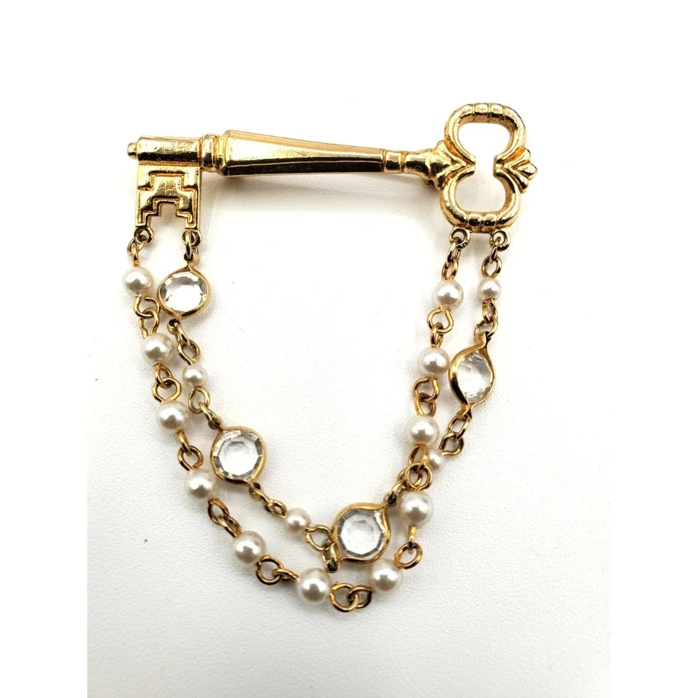Vintage Key w 2 Rows of Dangling Faux Pearls & Crystals Brooch Pin Gold Tone