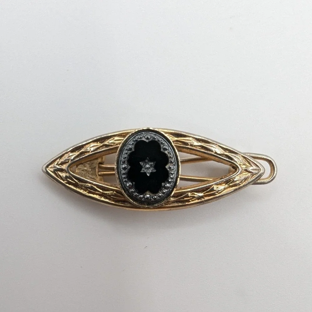 Vintage Gold Tone Black Enamel Star Marquise Bar Brooch Pin Celestial‎ Etched