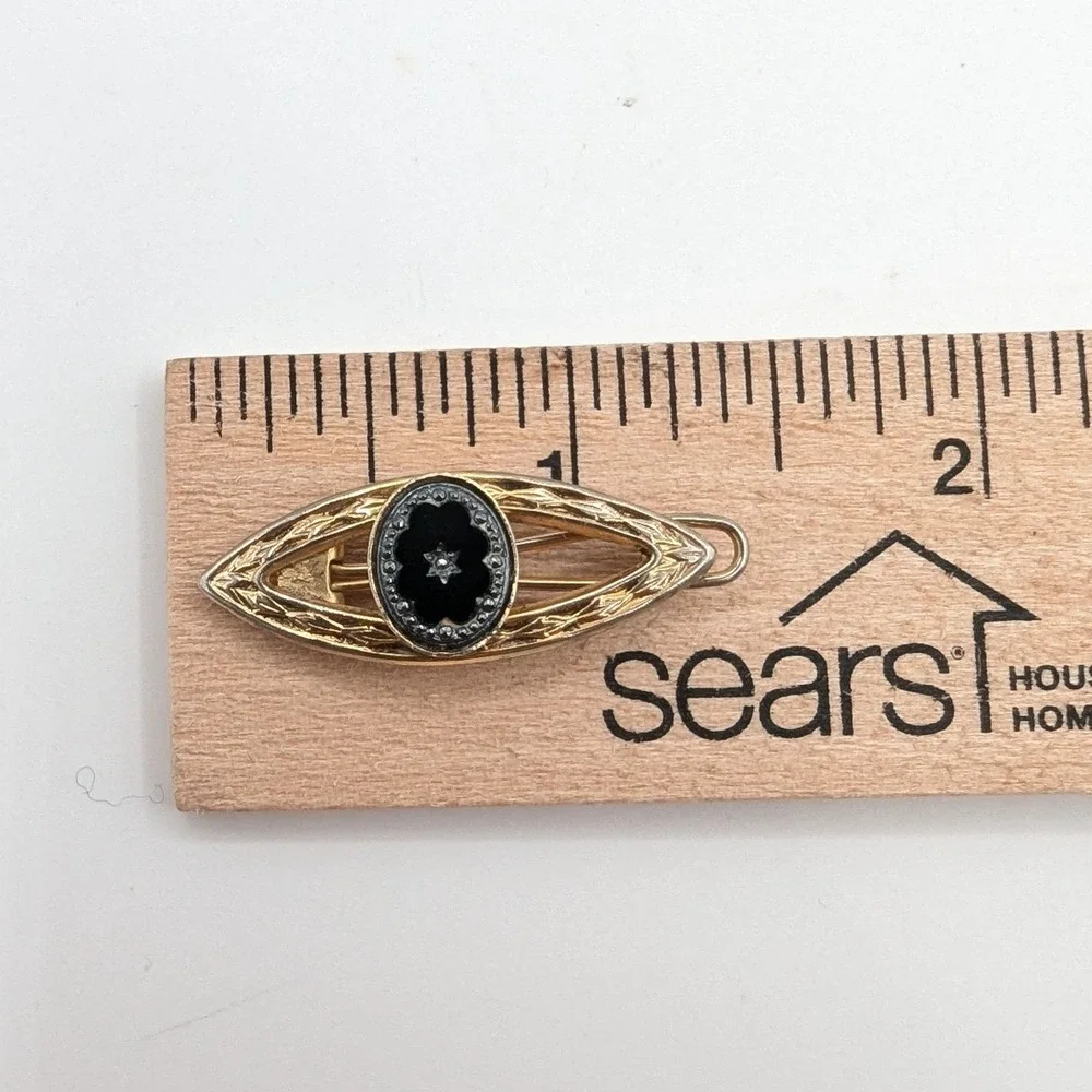 Vintage Gold Tone Black Enamel Star Marquise Bar Brooch Pin Celestial‎ Etched