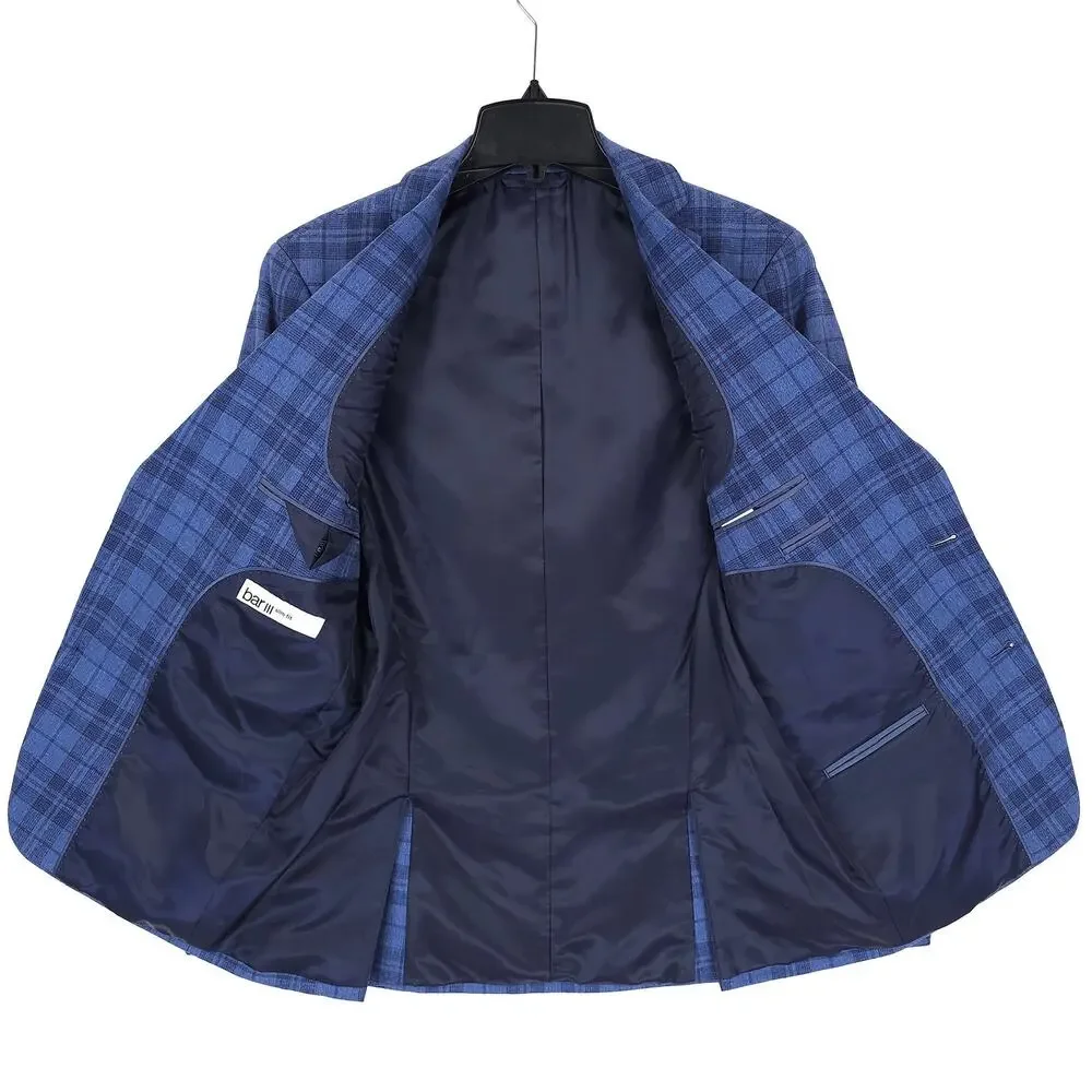 Bar III Mens Slim Fit Sport Coat Blazer 36R Blue Plaid Linen Cotton Blend NWT