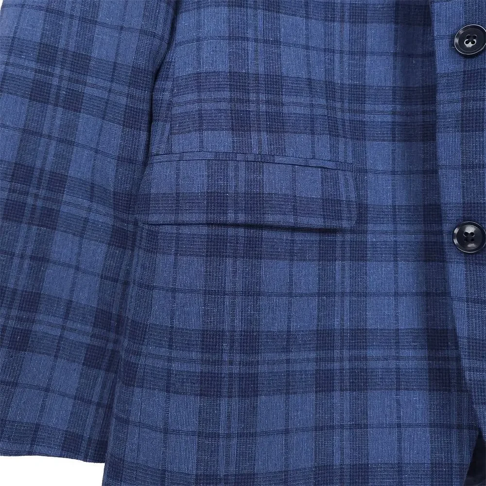 Bar III Mens Slim Fit Sport Coat Blazer 36R Blue Plaid Linen Cotton Blend NWT