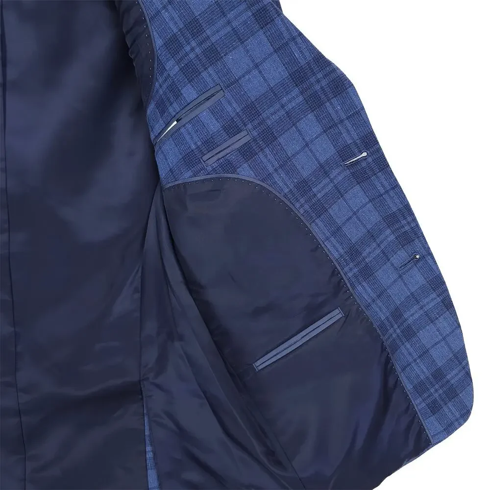 Bar III Mens Slim Fit Sport Coat Blazer 36R Blue Plaid Linen Cotton Blend NWT