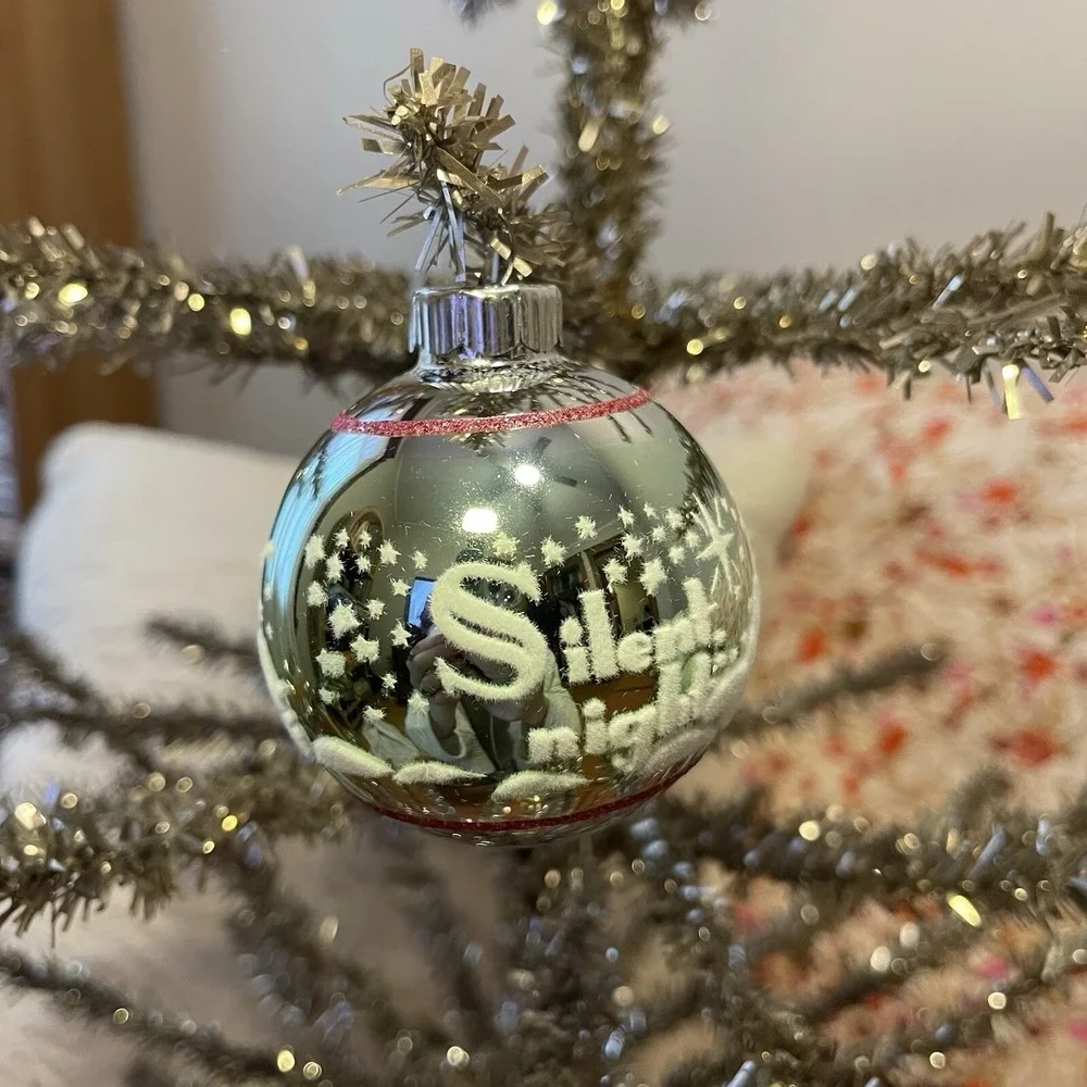 Radko Shiny Brite‎ Stenciled Flocked Ornament Silent Night Green Pink Silver MCM