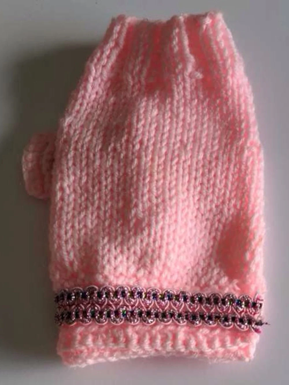Pink Knit Kids Fingerless Gloves with Decorative Trim