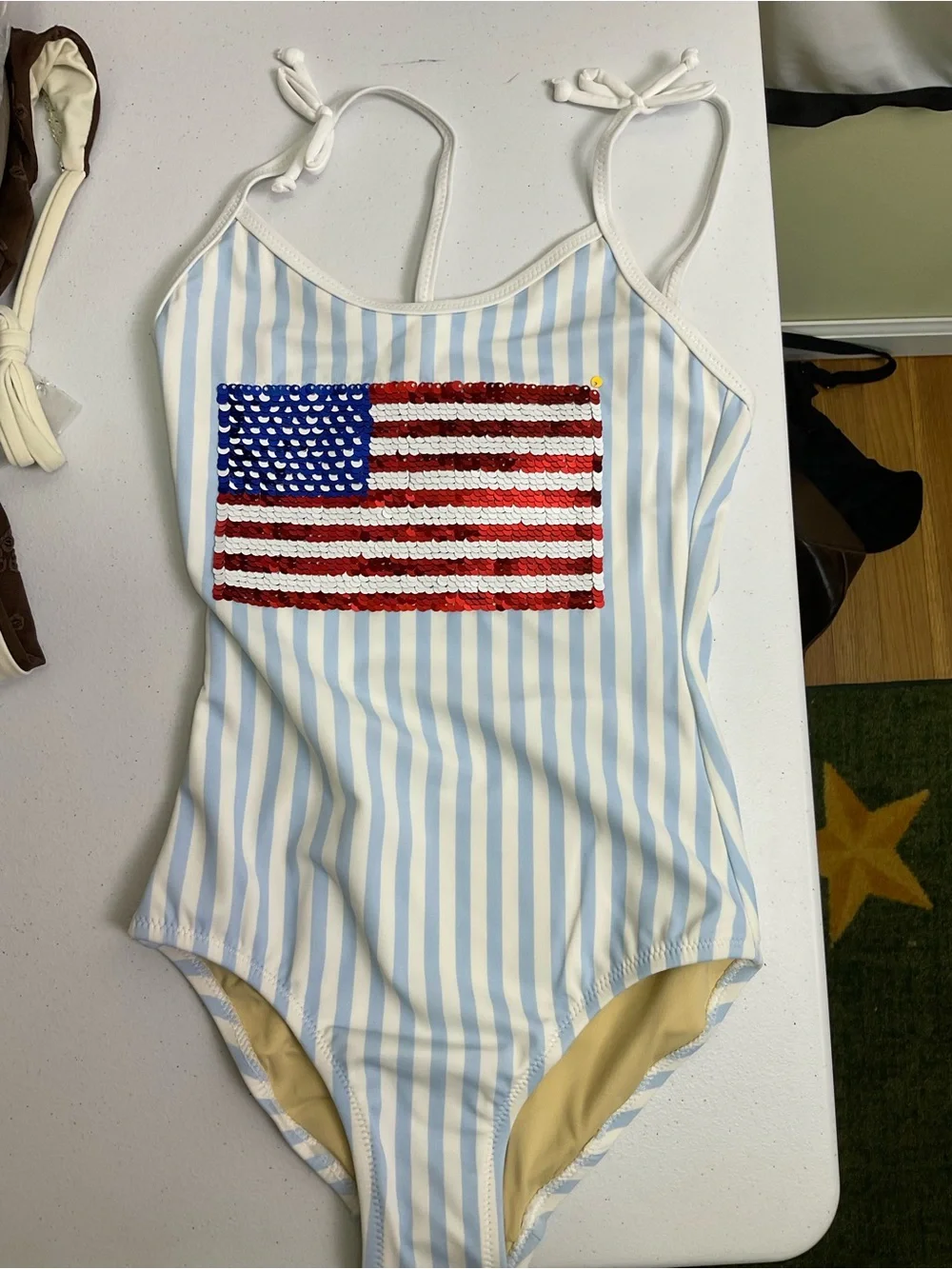 Shade Critters Light Blue & White Striped One-Piece Swimsuit with Sequin Flag