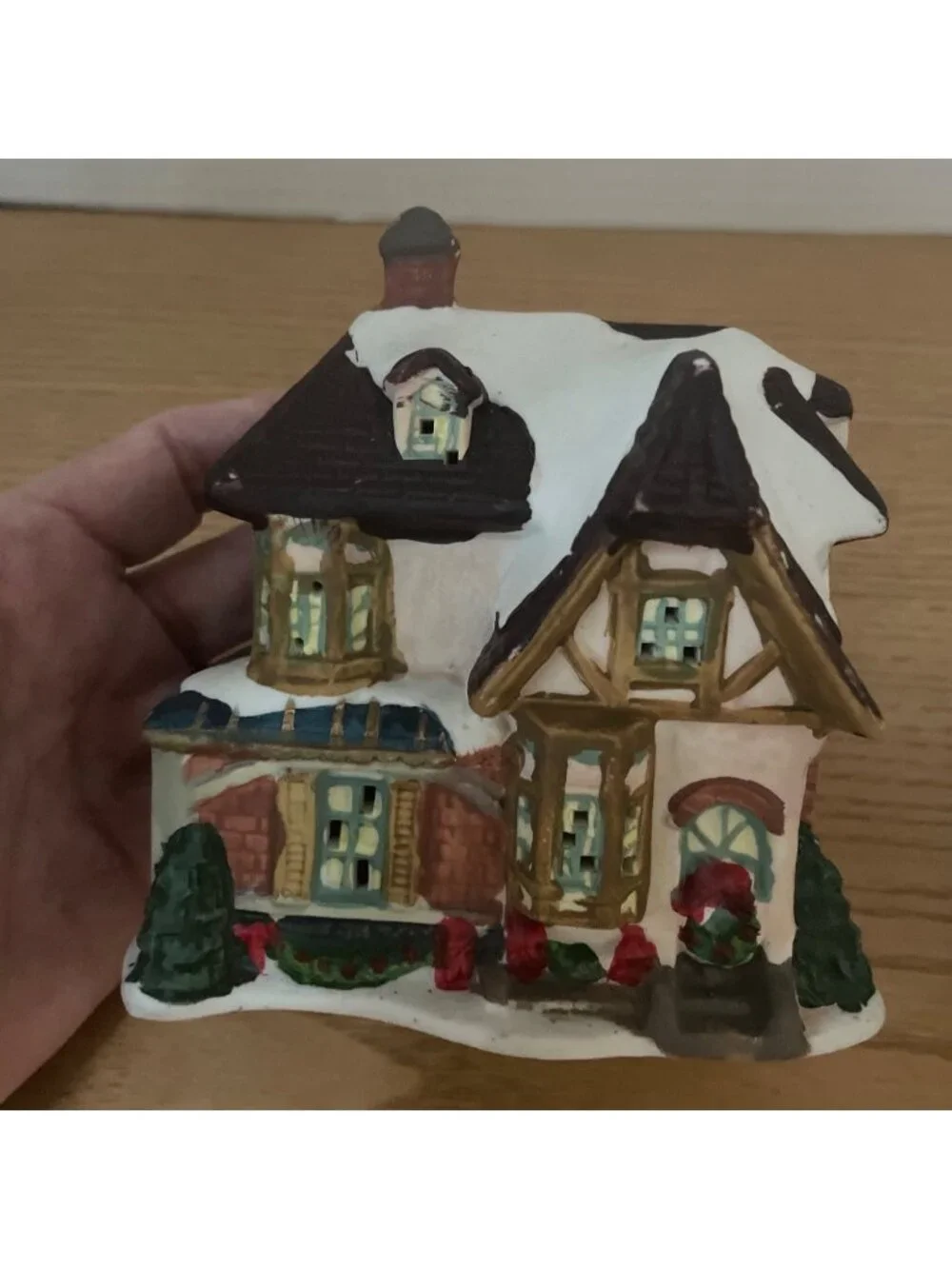 Vtg Holiday Traditions 3 Pc Lighted Christmas Village Set Hand Painted Porcelain