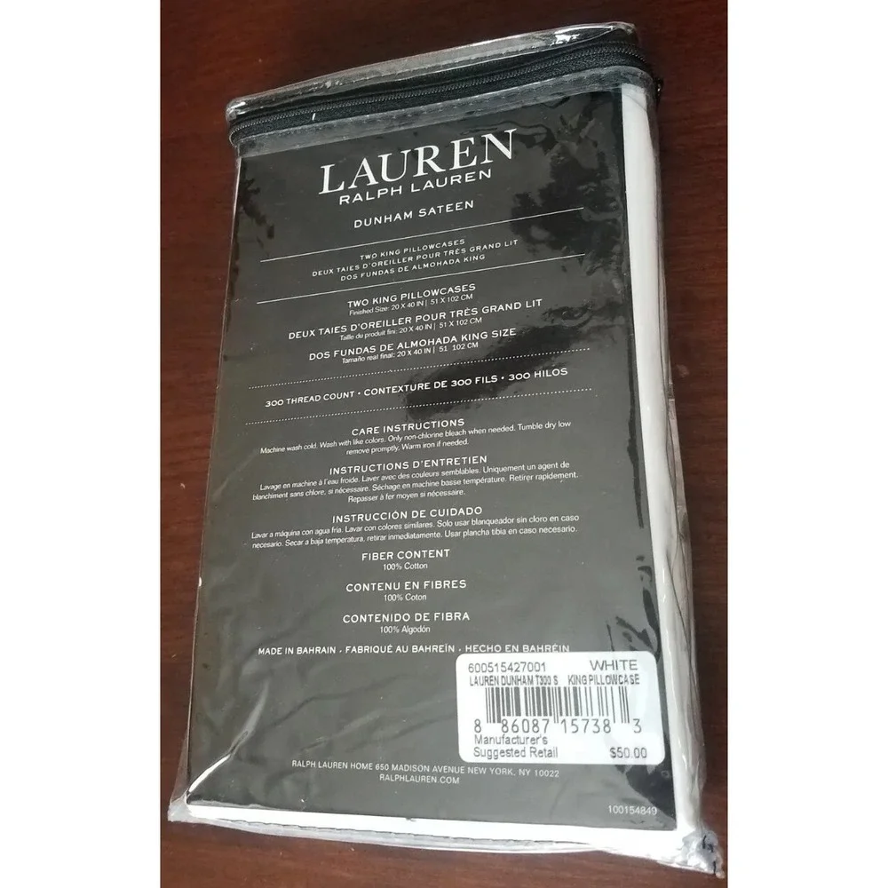 Lauren Ralph Lauren Dunham Sateen White King Size Pillowcases pack of‎ 2 NEW