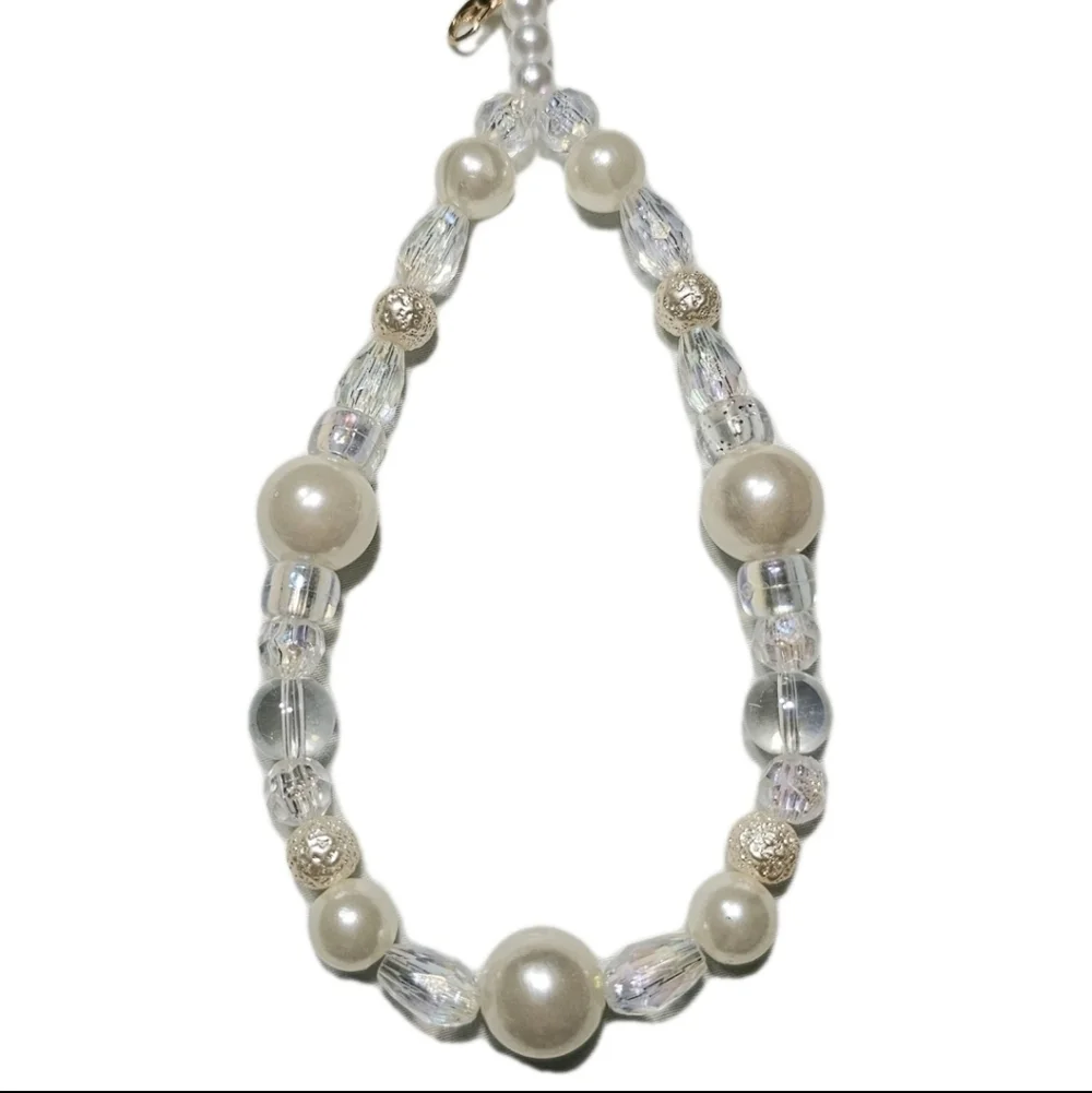 Faux Pearl and White Iridescent  Girly Dainty Beaded Phone Charm Wrist Strap