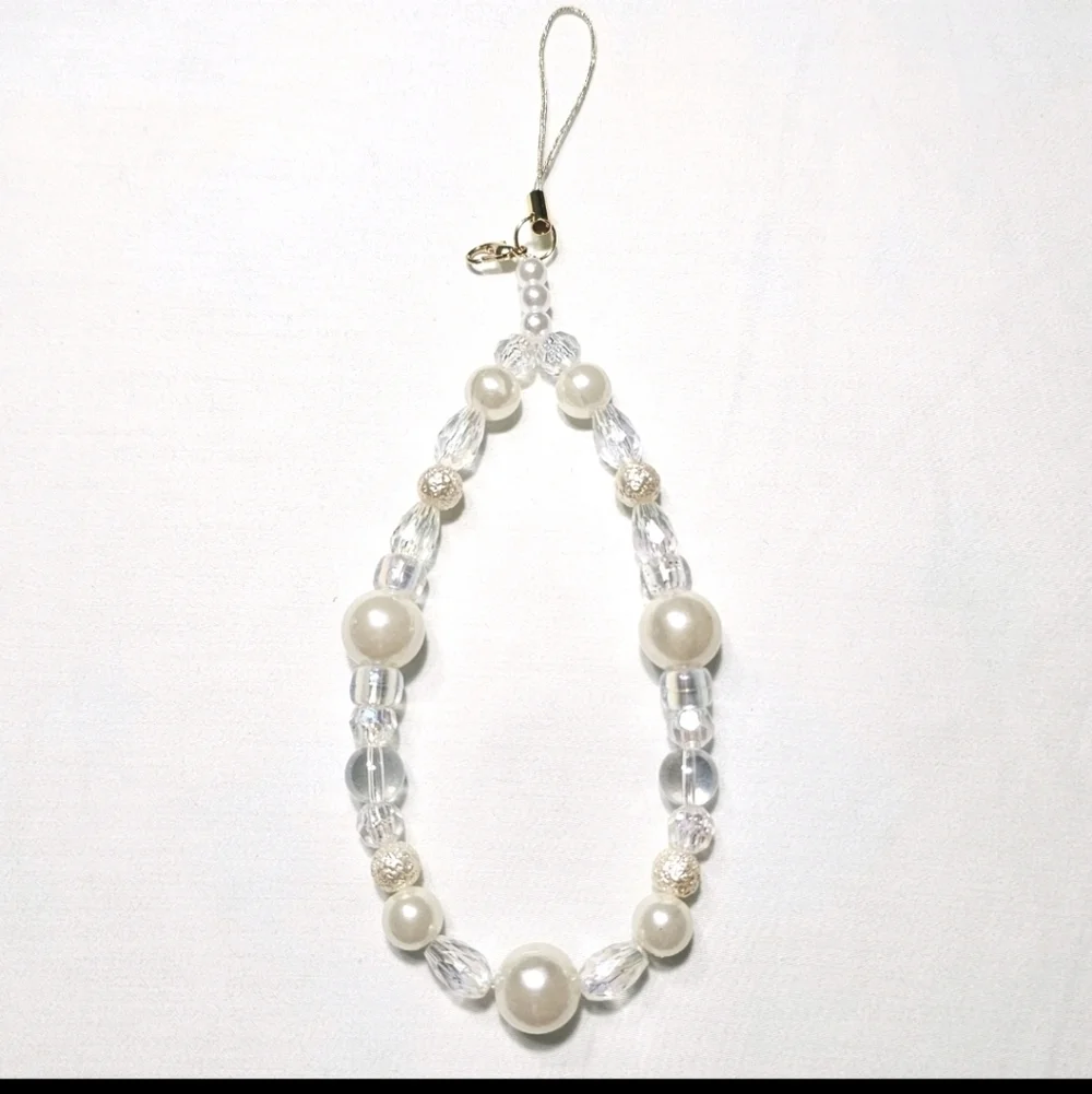 Faux Pearl and White Iridescent  Girly Dainty Beaded Phone Charm Wrist Strap