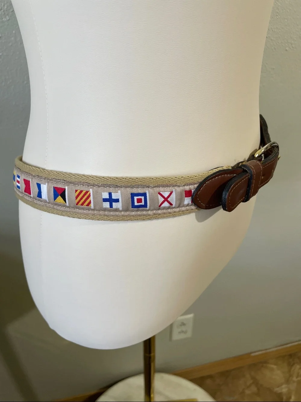Nautical Flag Ribbon Canvas Leather Trim Belt Brass Buckle Size 38 USA Heritage