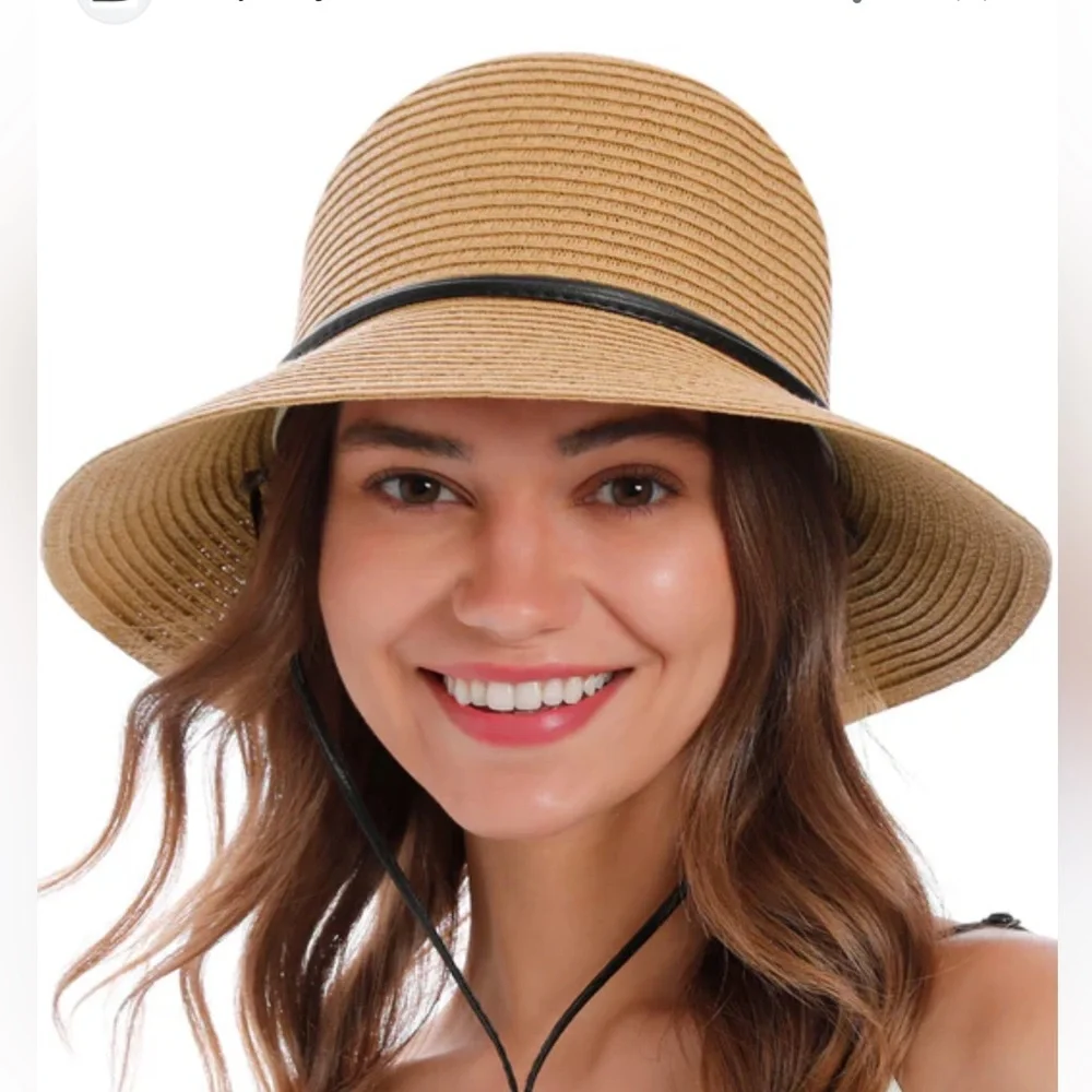 Furtalk New Straw Wide Brim‎ Hat with Ajustable Chin Strap. Inner Velcro Adj. M