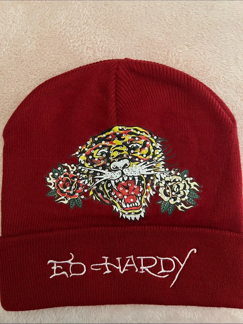 New Ed Hardy Maroon Red Beanie with Embroidered Tiger and Roses