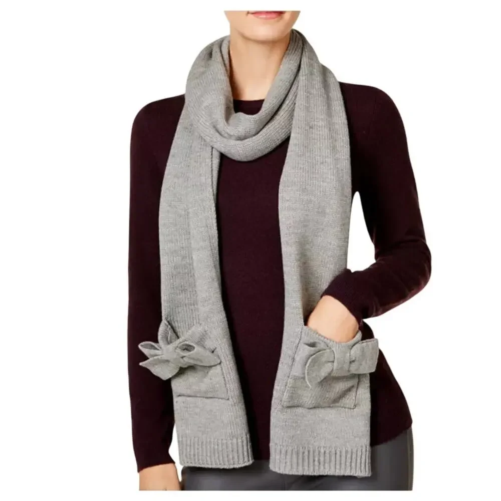 Kate Spade New York OS Gray Half Bow Knit Scarf Ribbed Preppy Pockets Designer