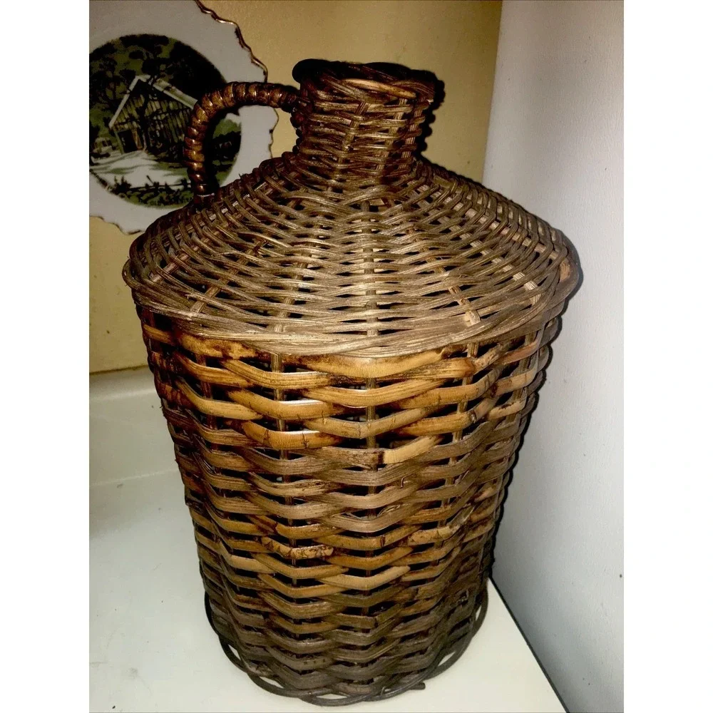 Vintage French Demijohn Wine Bottle Holder Wicker Rattan, 15