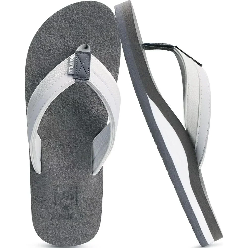 👉 Men's Flip Flop Sandal White Gray Leather Slip On Arch Support Comfort Shoes