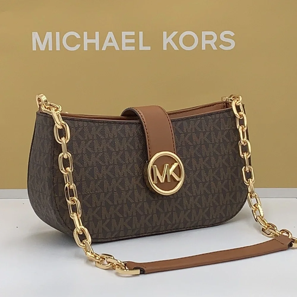 MICHAEL KORS Carmen Small Shoulder Pochette Bag BROWN SIGNATURE COLOR  NWT