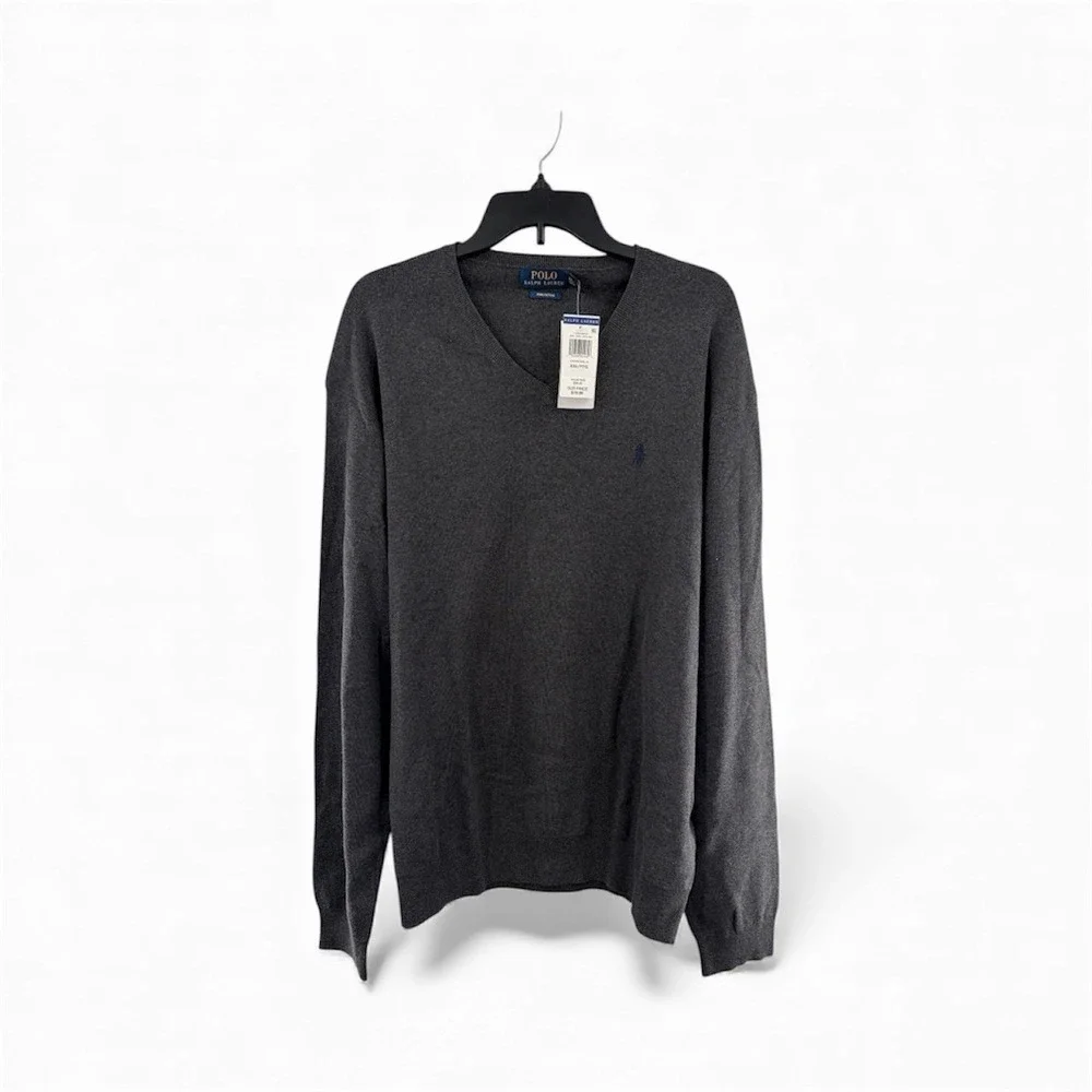 NWT Polo Ralph Lauren Pima Cotton V-Neck Sweater Mens 2XL Heather Navy Pony‎