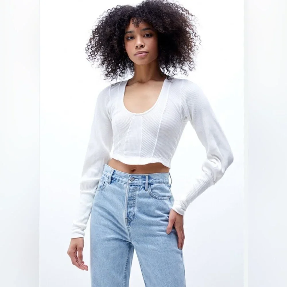 NWT Free People “Petra” long sleeve cotton seam detail white stretch crop top XS