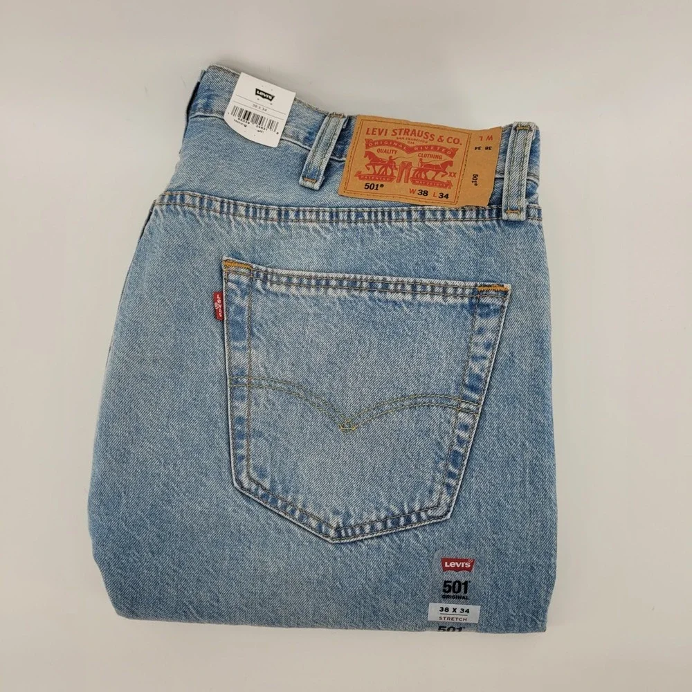 Levis‎ 501 Original Mens Jeans 38x34 Light Wash Blue Denim Stretch 00501-3668