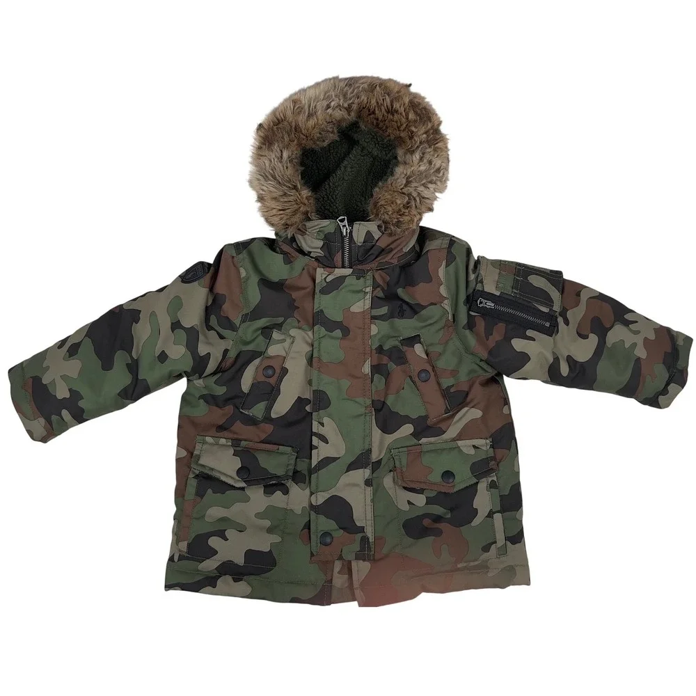 Polo Ralph Lauren Kids Parka Jacket Green Camo Faux Fur Hood Orange Lining 2/2T