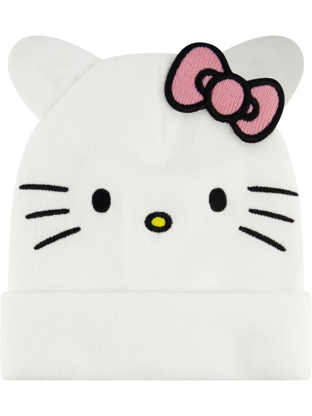 Cozy Winter Beanie Hat with 3D Ears & Bow, Acrylic Knit, White, Adult Size