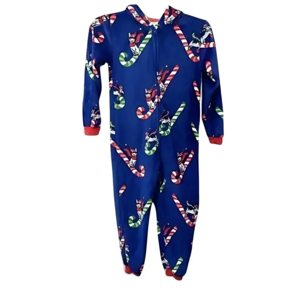 Munki Munki Youth Candy Cane Sled Hooded Fleece Pajamas Zip-Up One-Piece Blue 4