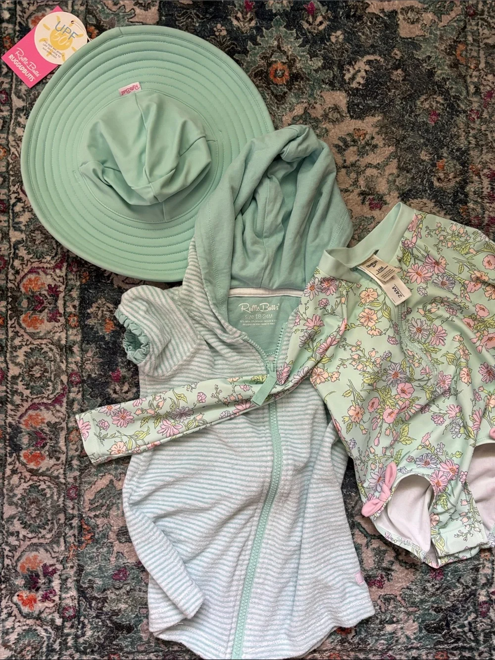 Ruffle Butts Mint Floral Girls Swim Set with Sun Hat