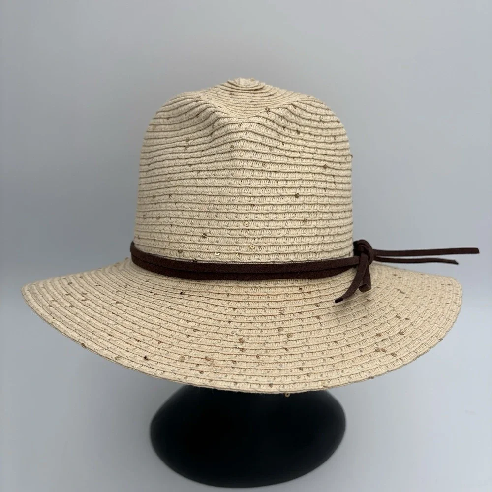 Pugs Women's Summer Straw Hat Leather Band Trim Gold Shimmer Accents