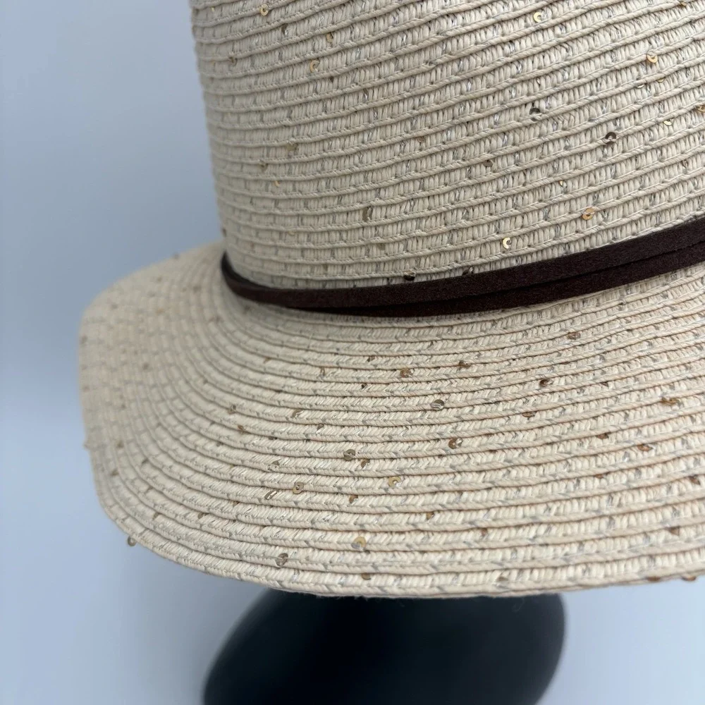 Pugs Women's Summer Straw Hat Leather Band Trim Gold Shimmer Accents