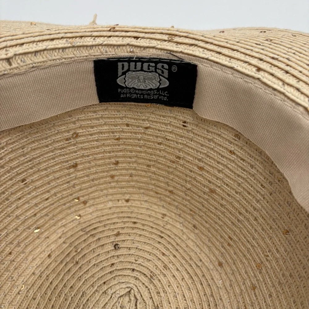 Pugs Women's Summer Straw Hat Leather Band Trim Gold Shimmer Accents