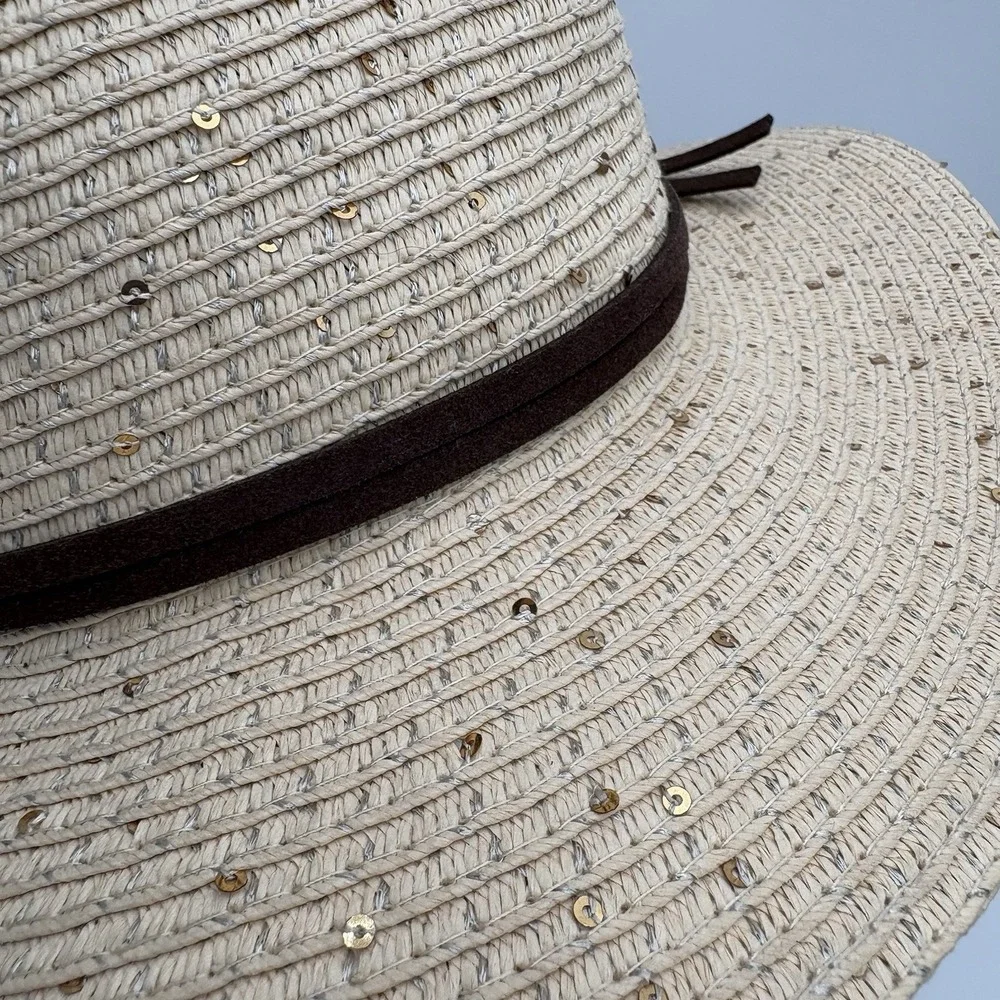 Pugs Women's Summer Straw Hat Leather Band Trim Gold Shimmer Accents