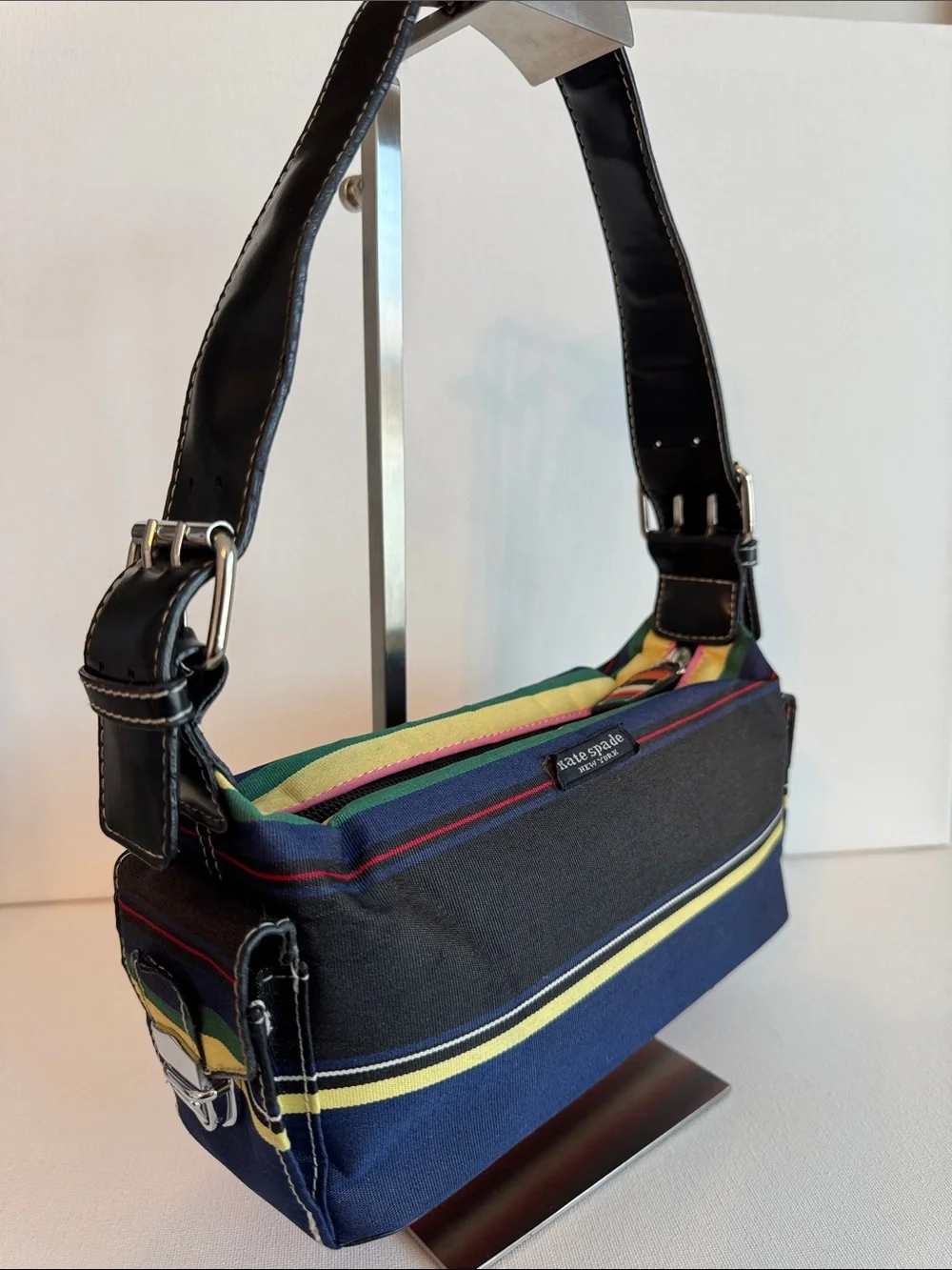 Vintage Kate Spade Striped Nylon Patent Leather Baguette Shoulder Bag Y2K