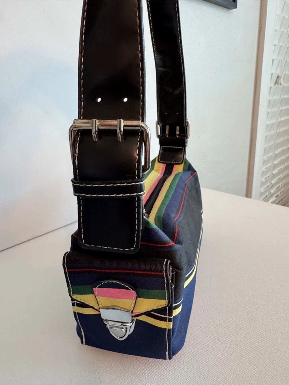 Vintage Kate Spade Striped Nylon Patent Leather Baguette Shoulder Bag Y2K