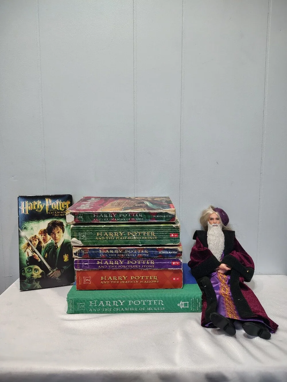 Vtg Harry Potter Lot Dumbledore Doll, Chamber of Secrets VHS & 6 Book Bundle