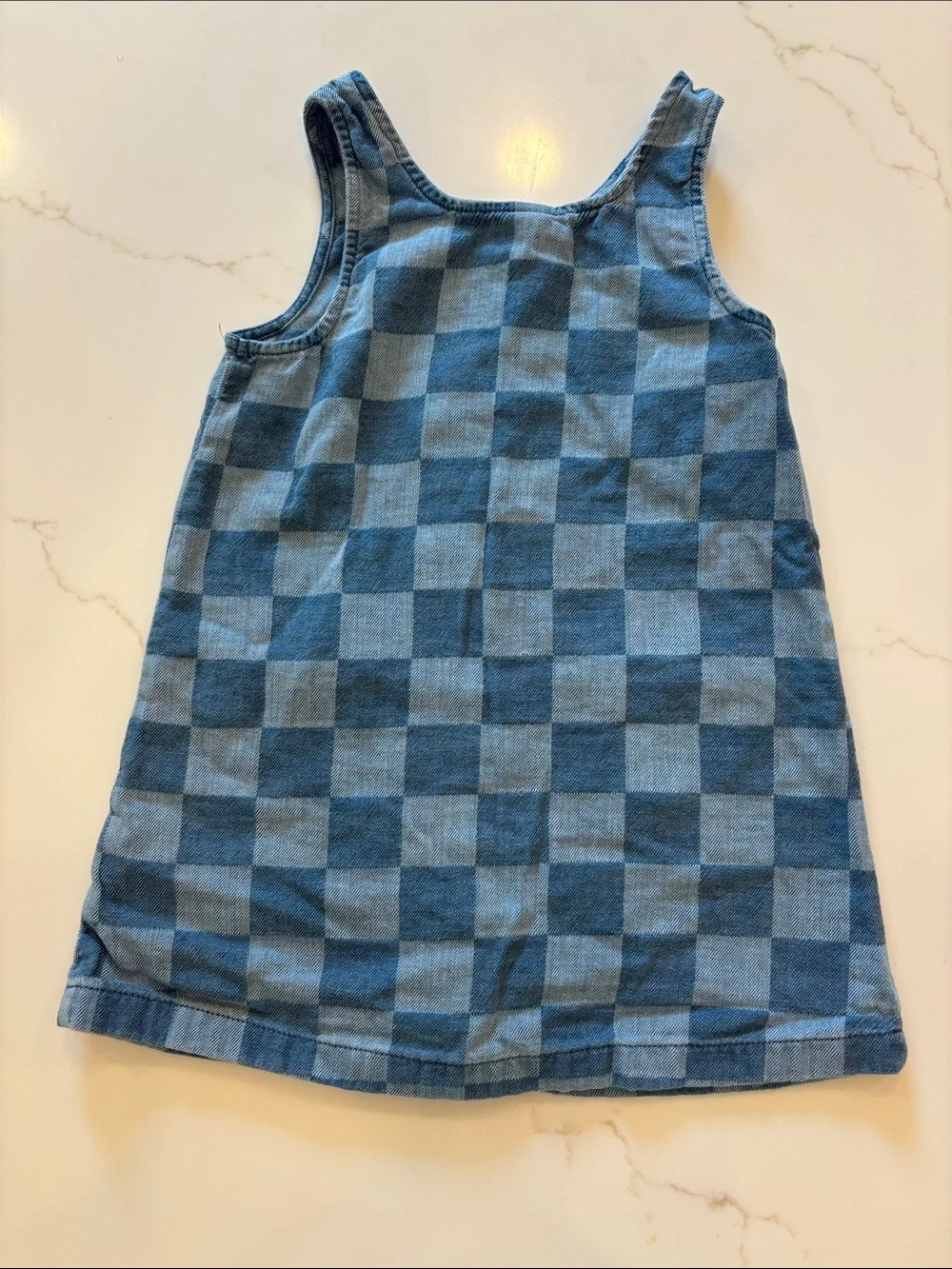 Girls Blue Checkered Button Front Dress with Heart Pockets