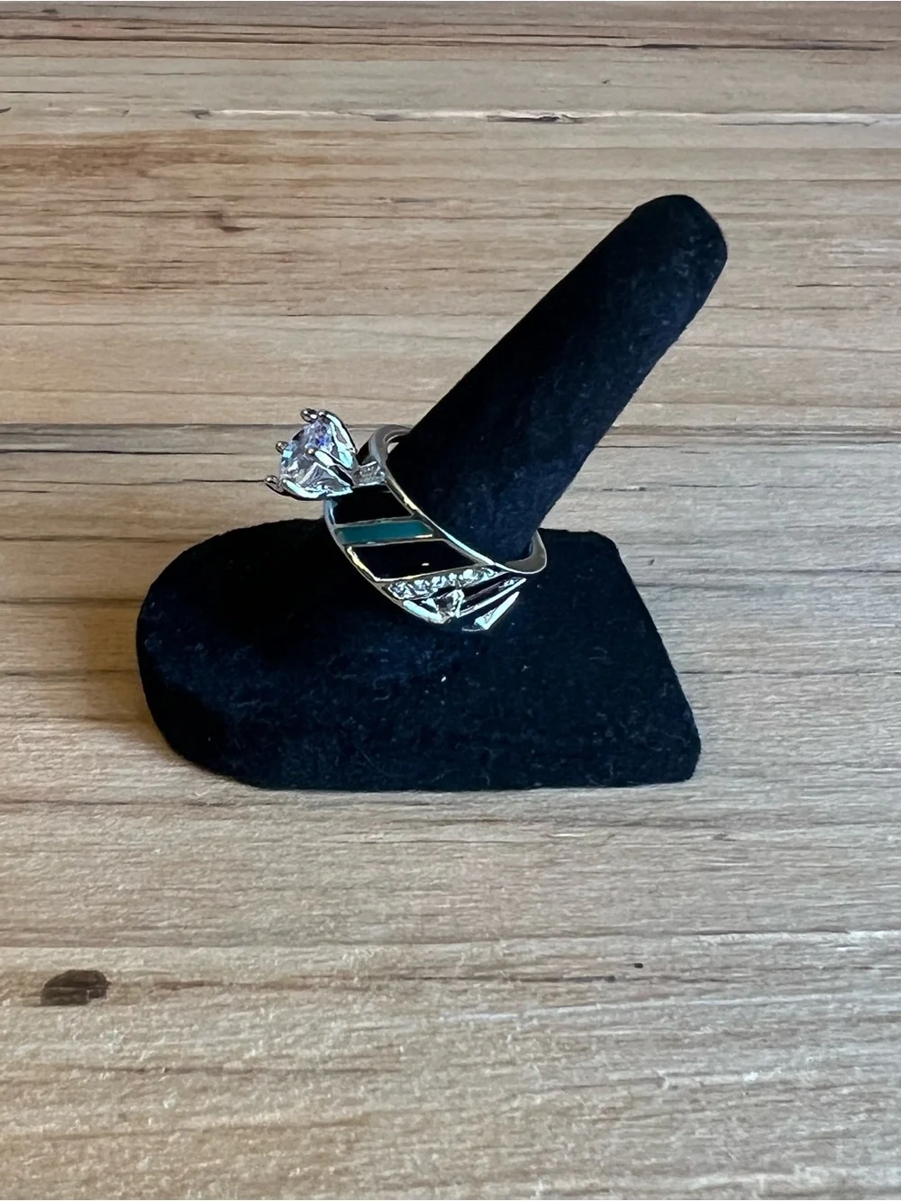 Turquoise Accent Ring with Clear Cubic Zirconia Center Stone-Silver Tone-Size 7