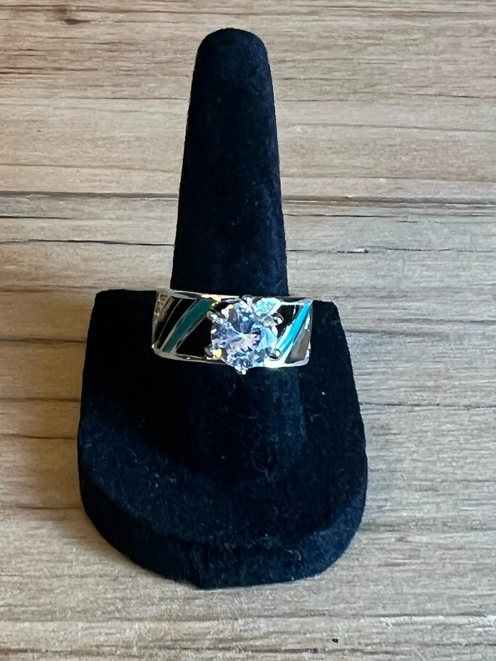 Turquoise Accent Ring with Clear Cubic Zirconia Center Stone-Silver Tone-Size 7